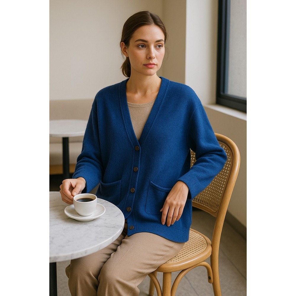 DKNY Jeans 100% Wool Cardigan Sweater Blue M Hong Kong Vintage Oversized Pockets